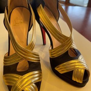 Christian Louboutin Paris Size 37.5 platform gold and black silk  4 inch shoes